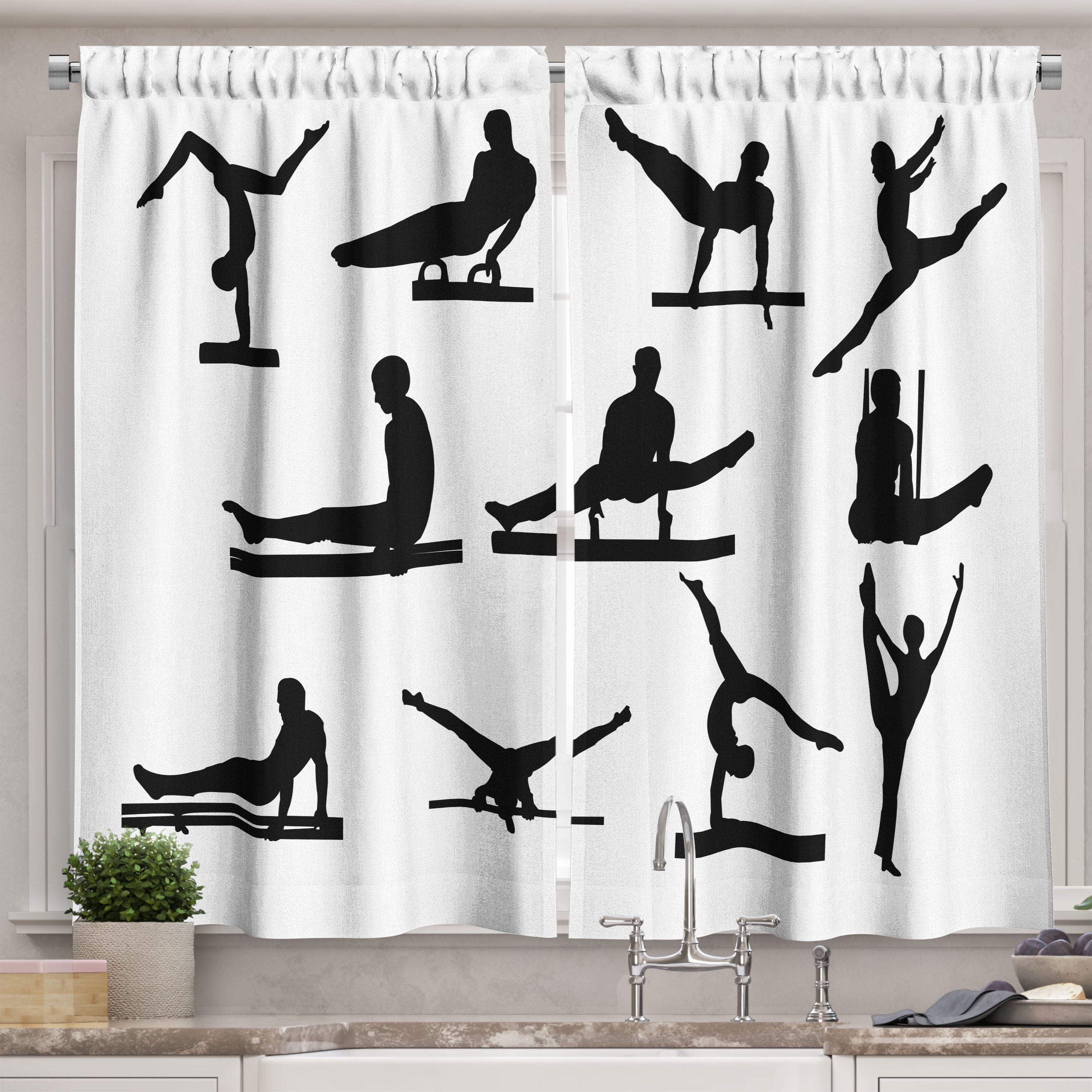 Ambesonne Gymnastics Kitchen Curtains, Athlete Silhouettes, 55"x39 ...
