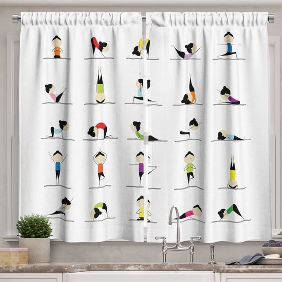 Ambesonne Gymnastics Kitchen Curtains, Woman Doing Yoga, 55"x39", Multicolor