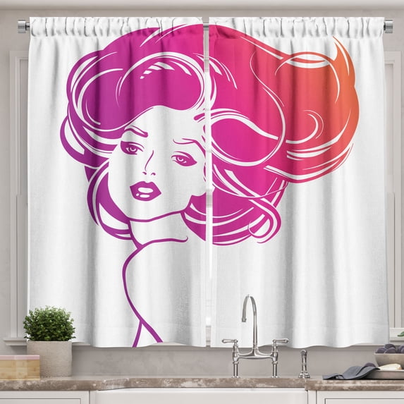 Ambesonne Hair Salon Kitchen Curtains, Tropical Vibrant Color, 55"x45", Magenta Pink