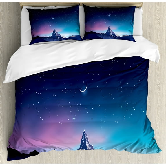 Ambesonne Half Moon Duvet Cover Set, Aurora Borealis Mountain, King, Indigo Pale Purple