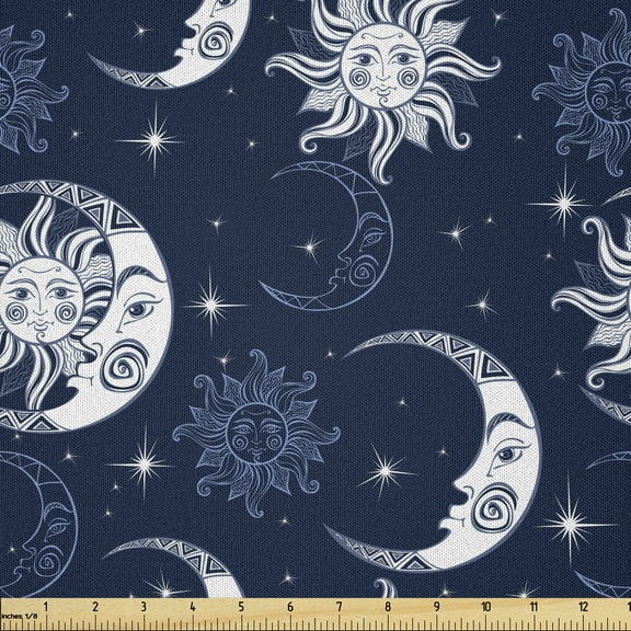Ambesonne Half Moon Fabric by the Yard Microfiber, Sky Sun Stars, 2 Yards, Violet Blue Ceil Blue