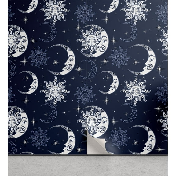Ambesonne Half Moon Peel & Stick Wallpaper for Home, Sky Sun Stars, 13"x100", Violet Blue Ceil Blue