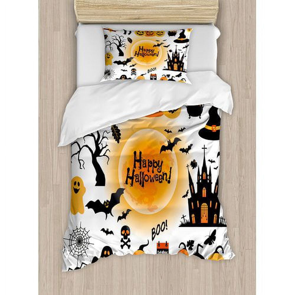 Twin Black and Orange Halloween Cat Duvet Cover Set