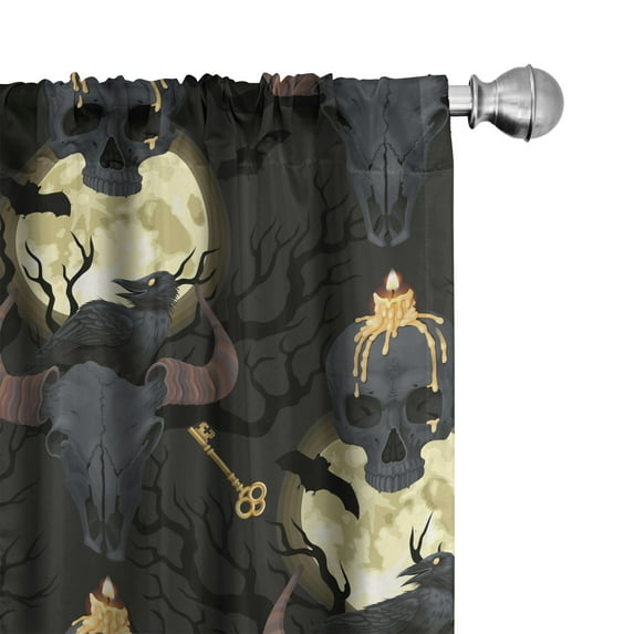Ambesonne Halloween Curtains, Artwork Skull Bat Raven, Pair of 28"x63", Dark Grey Pale Yellow