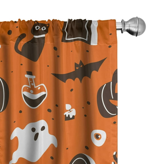 Ambesonne Halloween Curtains, Ghost Cats Pumpkins Print, Pair of 28"x63", Burnt Orange White
