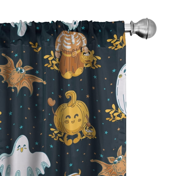 Ambesonne Halloween Curtains, Ghost Skeleton Bats Print, Pair of 28"x63", Orange Ginger White
