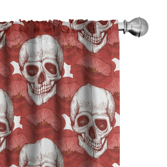 Ambesonne Halloween Curtains, Poppies Skulls Sketch Art, Pair of 28"x84", Dark Pink and Pale Grey