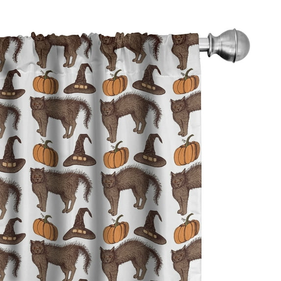 Ambesonne Halloween Curtains, Pumpkin Witch Hat Cat, Pair of 28"x63", Brown Orange Green