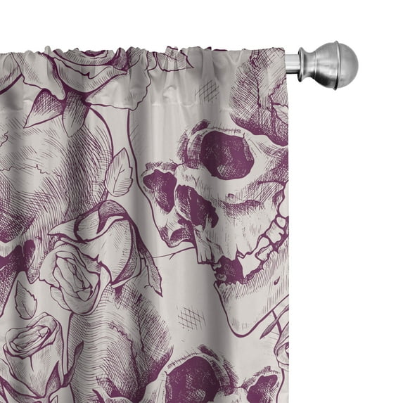 Ambesonne Halloween Curtains, Sketch Skulls Roses Print, Pair of 28"x84", Plum Pale Mauve