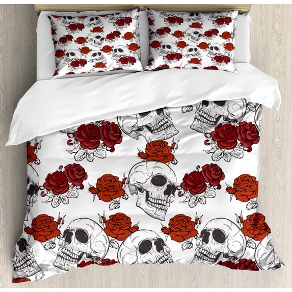 Ambesonne Halloween Duvet Cover Set, Roses Gothic Skull, King, Grey