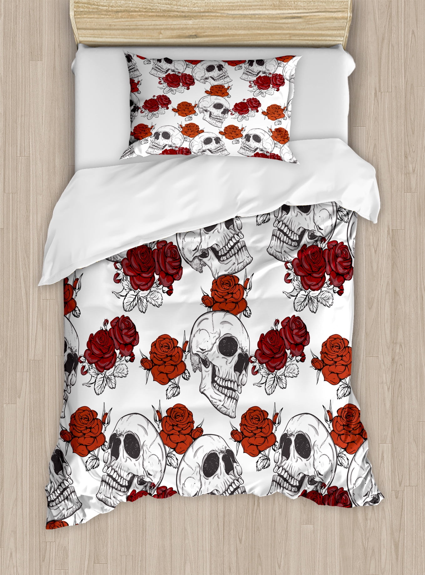 Twin Red and White Gothic Skull and Roses Duvet Cover Set