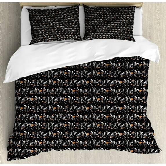 Ambesonne Halloween Duvet Cover Set, Skeletons Carnival, 2-Calking, Charcoal Grey Apricot
