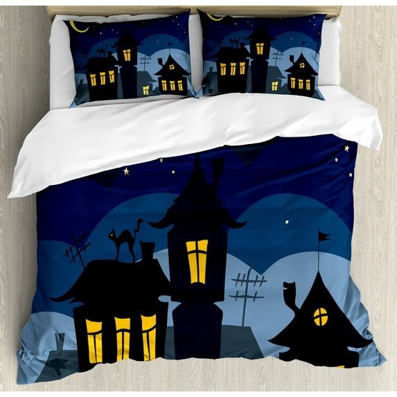 Ambesonne Halloween Duvet Cover Sets, Cartoon Town with Cat, 2-King, Black Yellow Blue