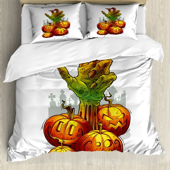 Ambesonne Halloween Duvet Cover Sets, Zombie Hand in Pumpkins, 2-King, Burnt Orange White and Green