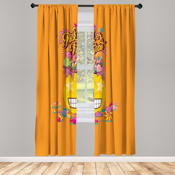 Ambesonne Halloween Emoji Curtains, Art Trick or Treat, Pair of 28"x95", Orange Soft Pink Green
