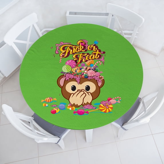 Ambesonne Halloween Emoji Fitted Round Tablecloth, Trick Treat Monkey, 40"- 44" Diameter, Lime Green Soft Pink