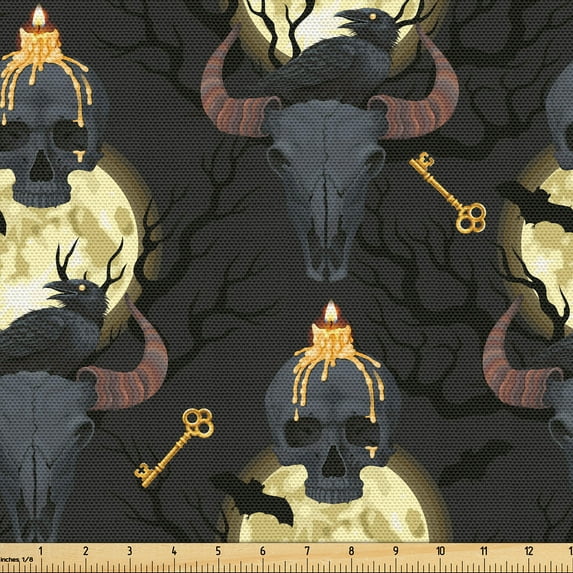 Ambesonne Halloween Fabric by the Yard Upholstery, Artwork Skull Bat Raven, 10 Yards, Dark Grey Pale Yellow