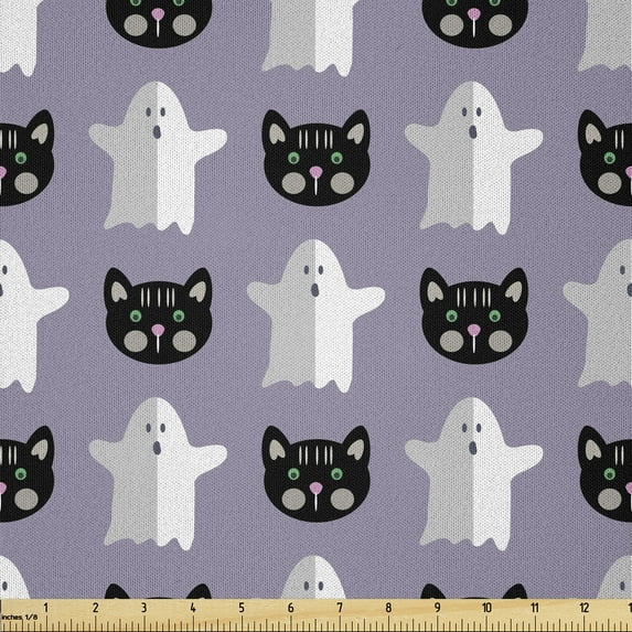 Ambesonne Halloween Fabric by the Yard Microfiber, Cat Faces and Ghosts Art, 10 Yards, Charcoal Grey Mauve