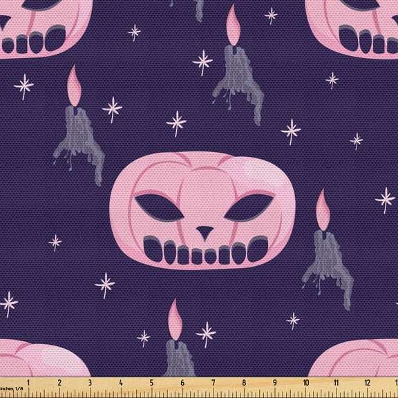 Ambesonne Halloween Fabric by the Yard, Spooky Pumpkin and Candle, 1 Yard, Pale Pink Quartz Grey