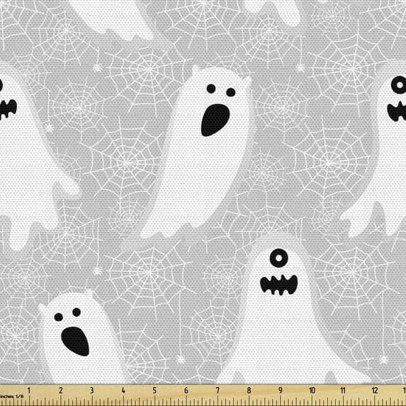 Ambesonne Halloween Fabric by the Yard Upholstery, Boo Ghost and Spiders, 2 Yards, Grey White