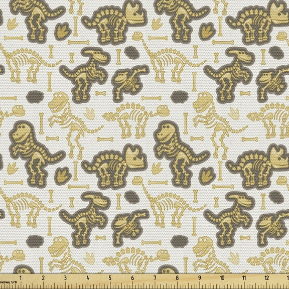Ambesonne Halloween Fabric by the Yard Upholstery, Dinosaur Skeletons Bones, 3 Yards, Beige Brown White