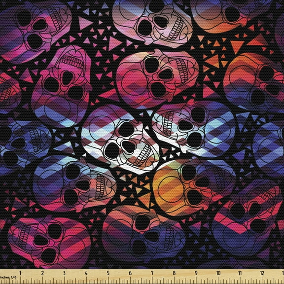 Ambesonne Halloween Fabric by the Yard Upholstery, Mexican Sugar Skulls, 1 Yard, Multicolor