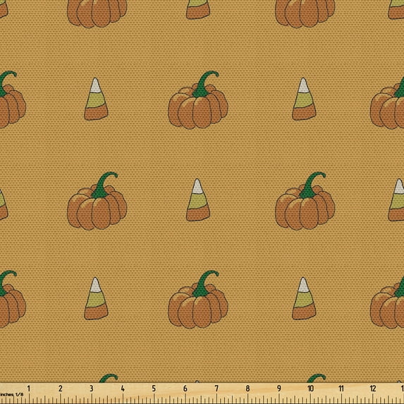 Ambesonne Halloween Fabric by the Yard Upholstery, Pumpkins Candy Corns Art, 10 Yards, Pale Brown and Hunter Green