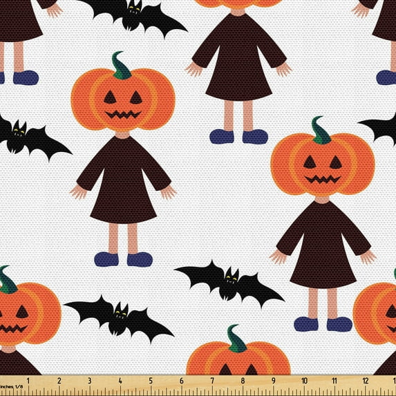 Ambesonne Halloween Fabric by the Yard Upholstery, Spooky Pumpkin Head Man, 3 Yards, Burnt Orange Seal Brown