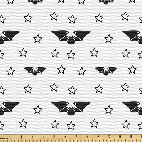 Ambesonne Halloween Fabric by the Yard Upholstery, Stars and Winged Bats, 1 Yard, Charcoal Grey White and Ruby