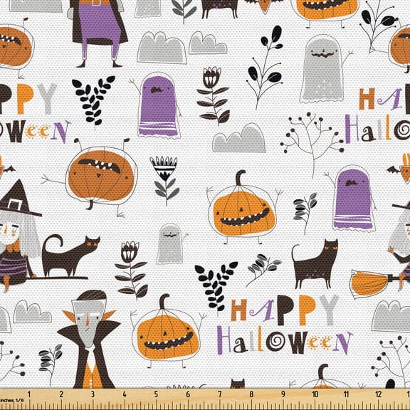 Ambesonne Halloween Fabric by the Yard Upholstery, Vampire Pumpkin Flower, 1 Yard, Marigold Violet and Grey