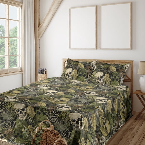 Ambesonne Halloween Fitted & Flat Sheet with Sham 3 Pcs Set, Sketchy Skull Pattern, Twin, Pale Olive Green Eggshell