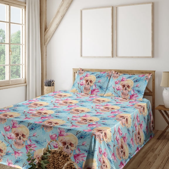 Ambesonne Halloween Fitted & Flat Sheet with Shams 4 Pcs Set, Magnolia Flowers Skulls, Full, Pale Blue Soft Pink