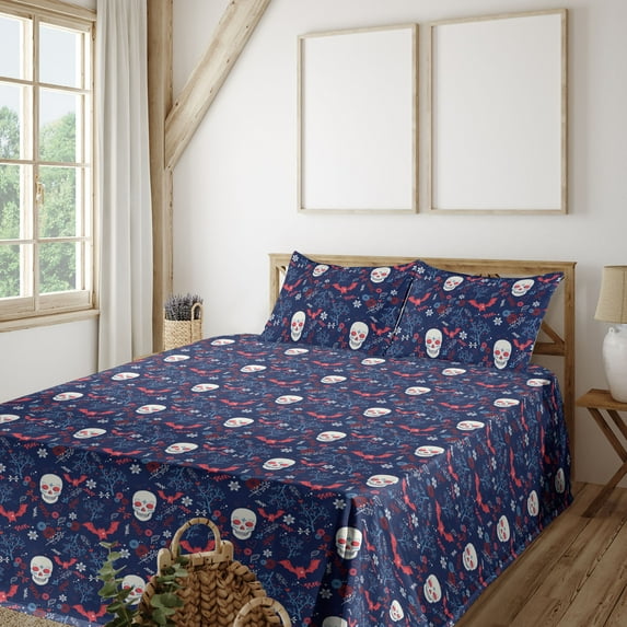 Ambesonne Halloween Fitted & Flat Sheet with Shams 4 Pcs Set, Spooky Night Skull Bat, Full, Dark Blue Dark Coral