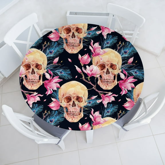 Ambesonne Halloween Fitted Round Tablecloth, Feather Skull Magnolia, 56"- 60" Diameter, Pastel Pink Sea Blue
