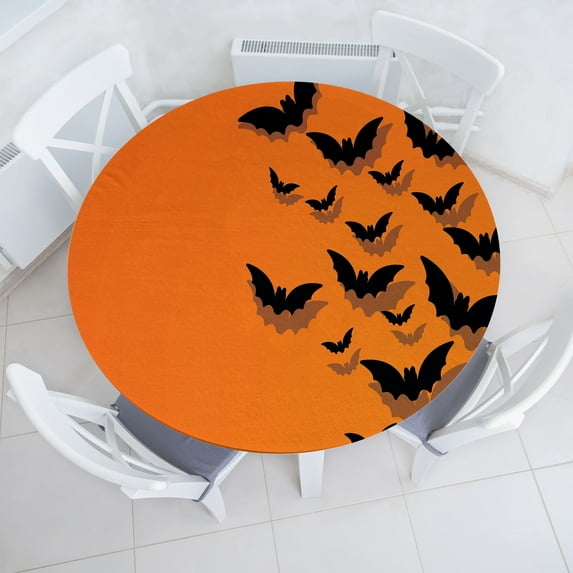 Ambesonne Halloween Fitted Round Tablecloth, Flying Bats Spooky Simple, 40"- 44" Diameter, Orange and Charcoal Grey