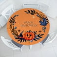 thumbnail image 1 of Ambesonne Halloween Fitted Round Tablecloth, Pumpkin Witch Hat Wreath, 40"- 44" Diameter, Apricot Dark Lavender, 1 of 4