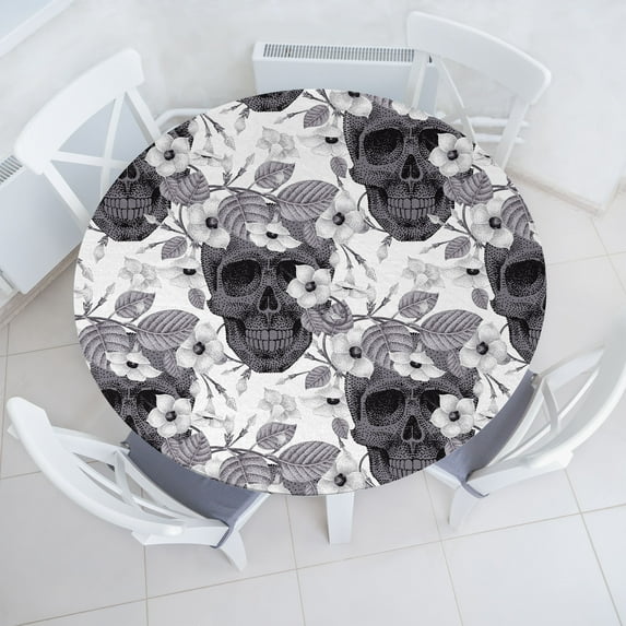 Ambesonne Halloween Fitted Round Tablecloth, Skulls Flowers Vintage, 45"- 56" Diameter, Dark Grey White