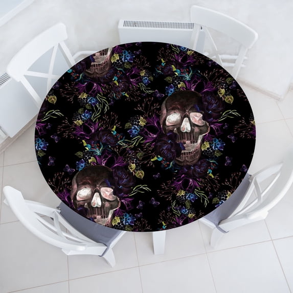 Ambesonne Halloween Fitted Round Tablecloth, Spooky Skull Exotics Boho, 45"- 56" Diameter, Dark Magenta and Multicolor