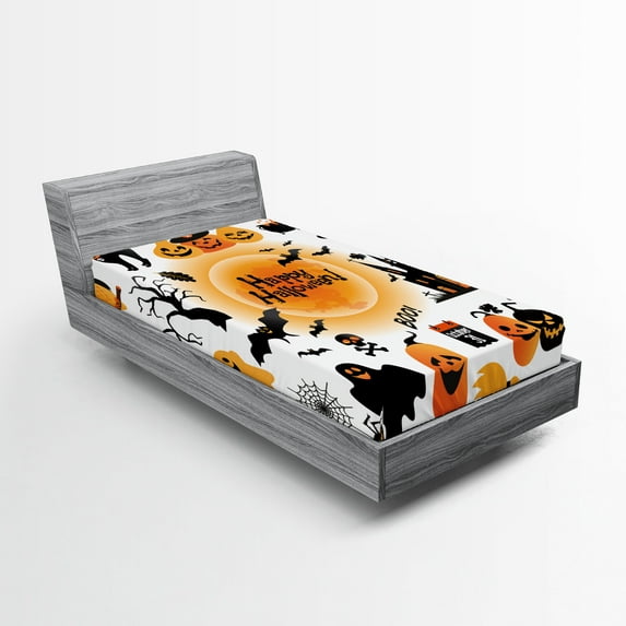Ambesonne Halloween Fitted Sheet 2 Pcs Set, Happy Ghost, Twin XL, Orange Black