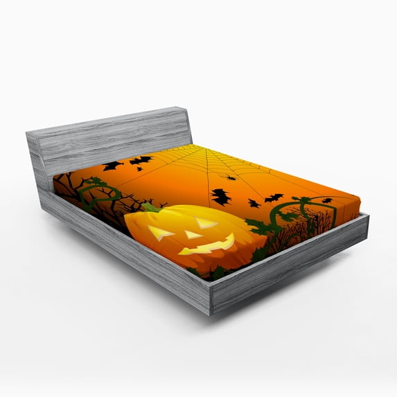 Ambesonne Halloween Fitted Sheet 2 Pcs Set, Pumpkin Leaves and Bats, Full, Dark Green Orange Black