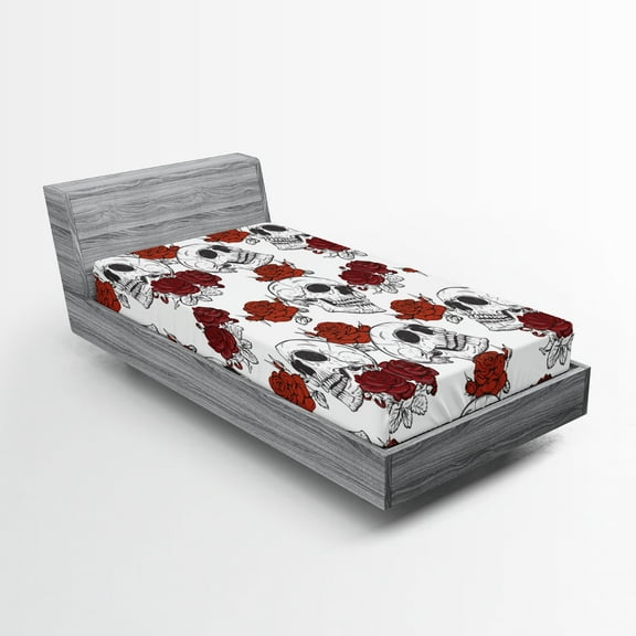 Ambesonne Halloween Fitted Sheet 2 Pcs Set, Roses Gothic Skull, Twin XL, Grey