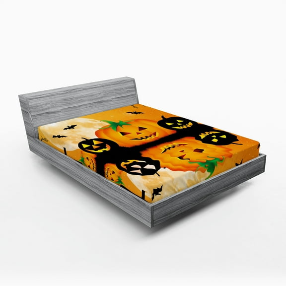 Ambesonne Halloween Fitted Sheet 2 Pcs Set, Scary Pumpkin, California King, Orange Black