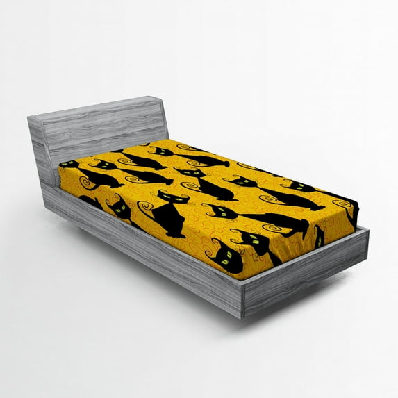 Ambesonne Halloween Fitted Sheet, Black Cat Vintage, Twin Size, Black Orange