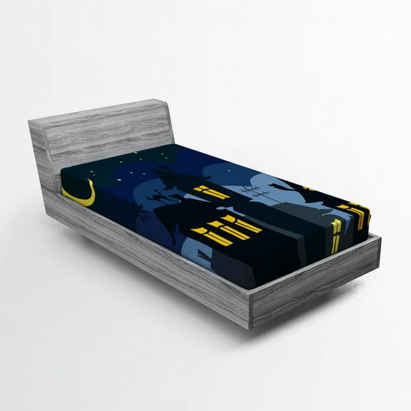 Ambesonne Halloween Fitted Sheet, Cartoon Town with Cat, Twin Size, Black Yellow Blue