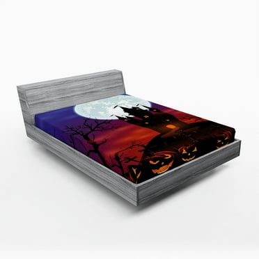 Ambesonne Halloween Fitted Sheet, Cartoonish Haunted Castle, Full Size, Multicolor