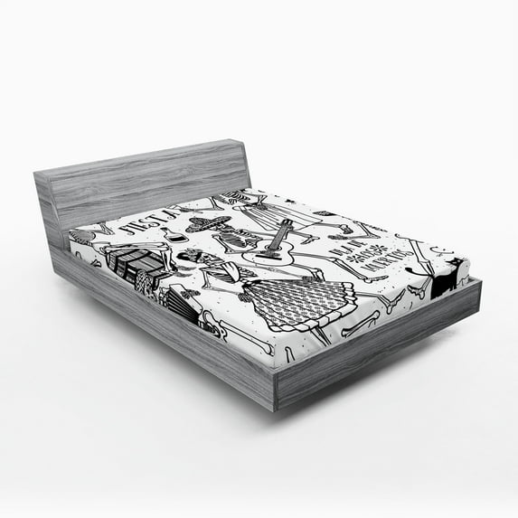 Ambesonne Halloween Fitted Sheet, Dancing Skeletons, Full Size, Black White