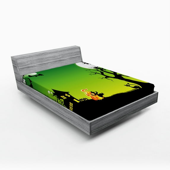 Ambesonne Halloween Fitted Sheet, Dancing Witch, Queen Size, Black Green