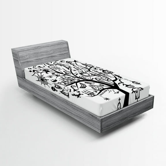 Ambesonne Halloween Fitted Sheet, Flying Witch, Twin XL Size, Black White