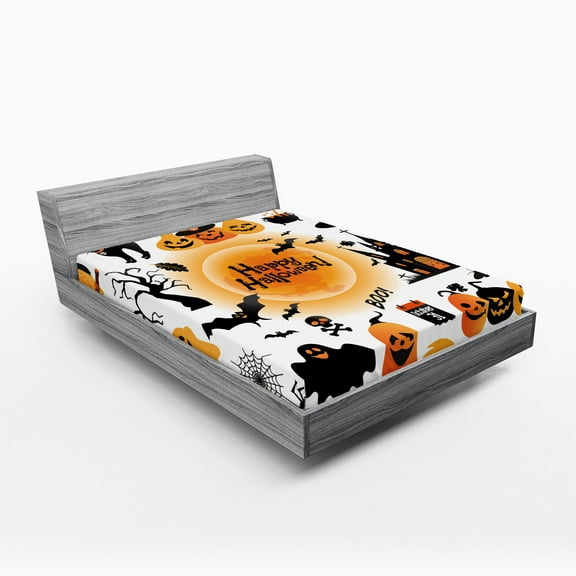 Ambesonne Halloween Fitted Sheet, Happy Ghost, King Size, Orange Black