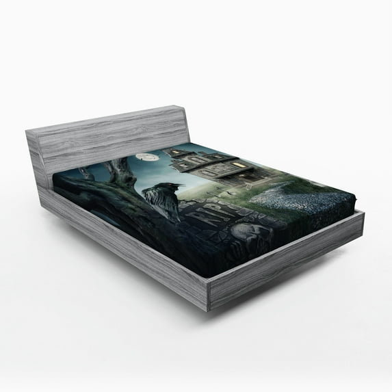 Ambesonne Halloween Fitted Sheet, Haunted House Crow Tomb, Full Size, Multicolor